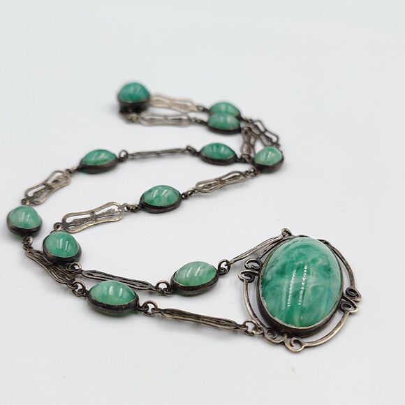 Vintage Sterling Silver 925 Green Pekin Glass Art Deco Necklace 16" - Picture 2 of 16